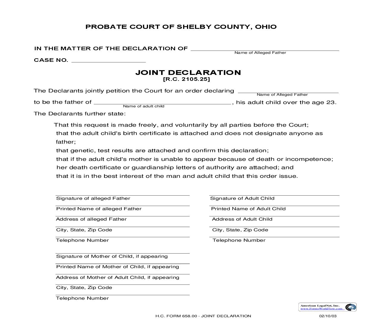 Joint Declaration {658.00} | Pdf Fpdf Doc Docx | Ohio