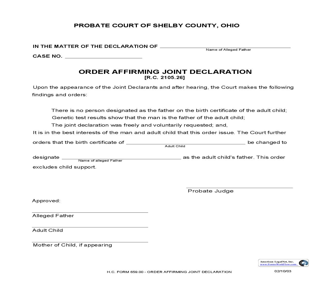 Order Affirming Joint Declaration {659.00} | Pdf Fpdf Doc Docx | Ohio