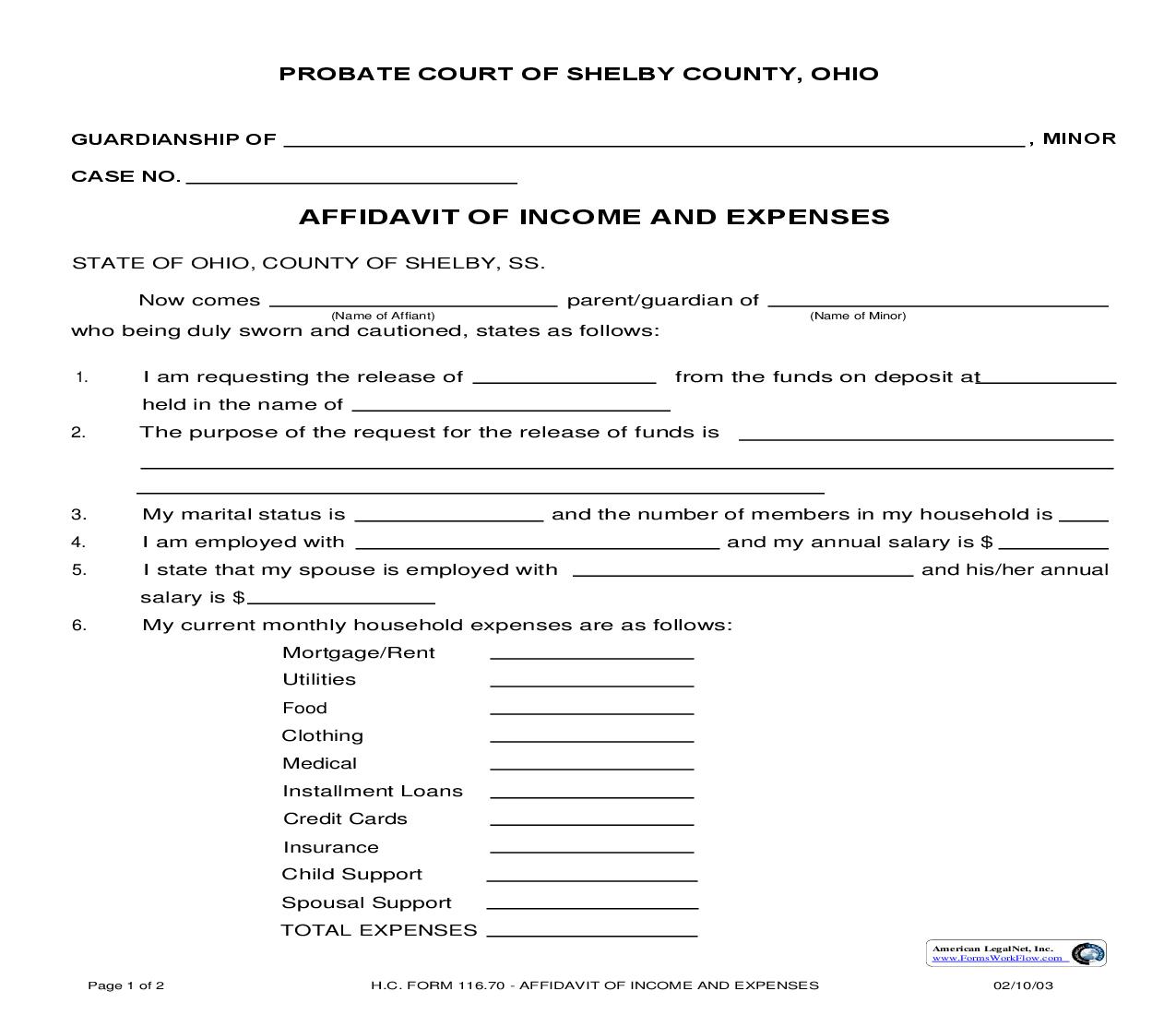Affidavit Of Income And Expenses {116.70} | Pdf Fpdf Doc Docx | Ohio