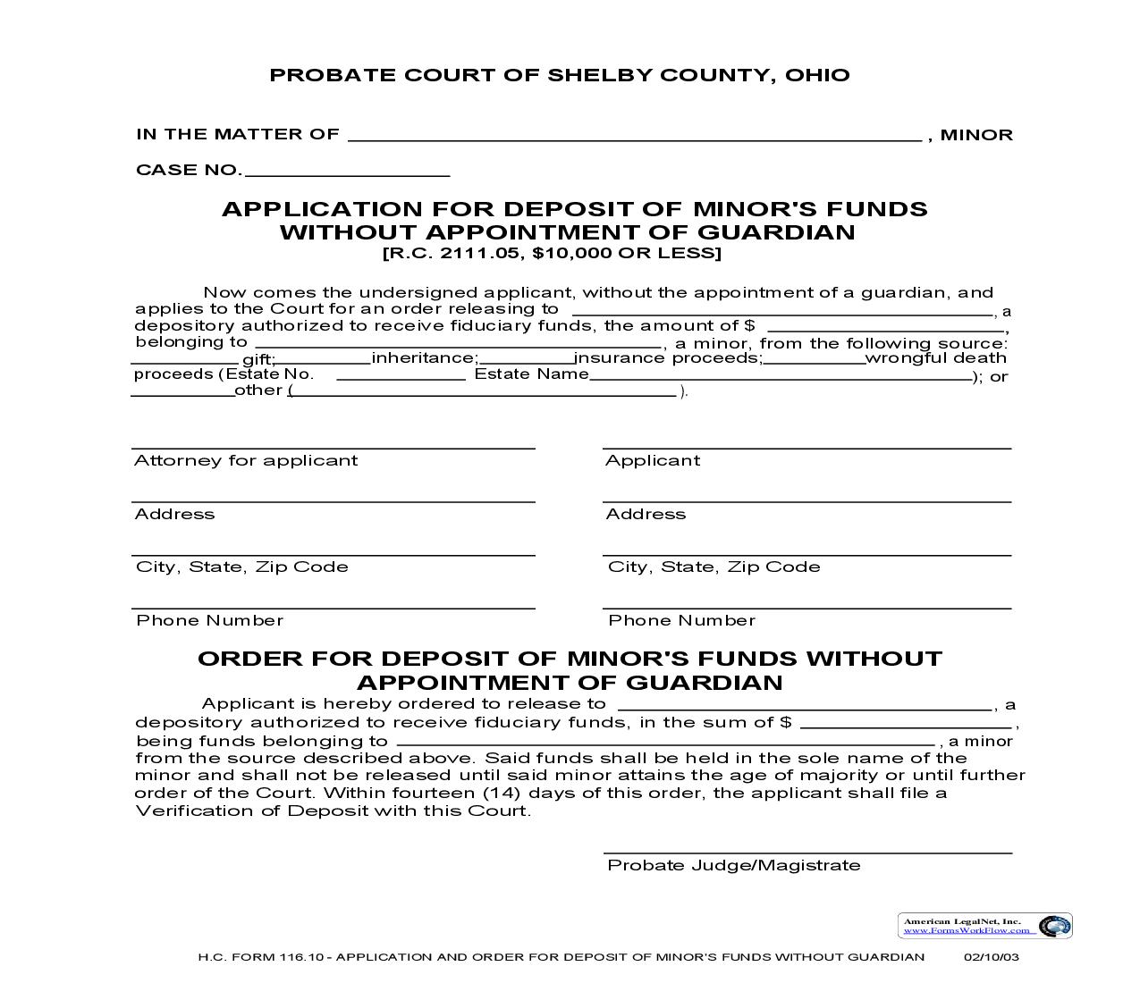 Application For Deposit Of Minors Funds Without Appointment Of Guardian {116.10} | Pdf Fpdf Doc Docx | Ohio