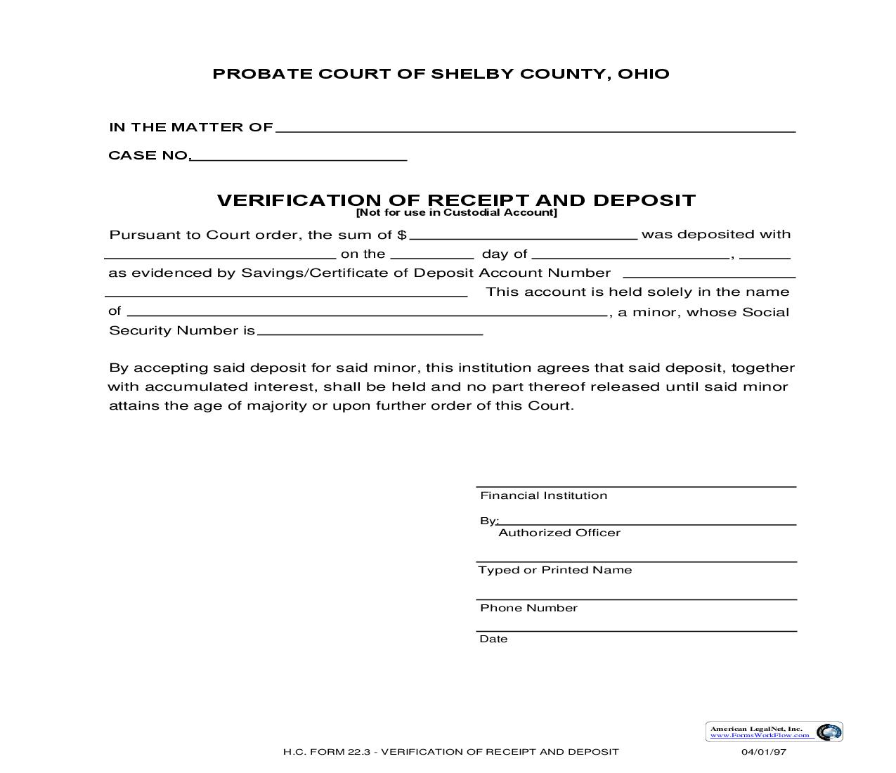 Verification Of Receipt And Deposit {22.3} | Pdf Fpdf Doc Docx | Ohio