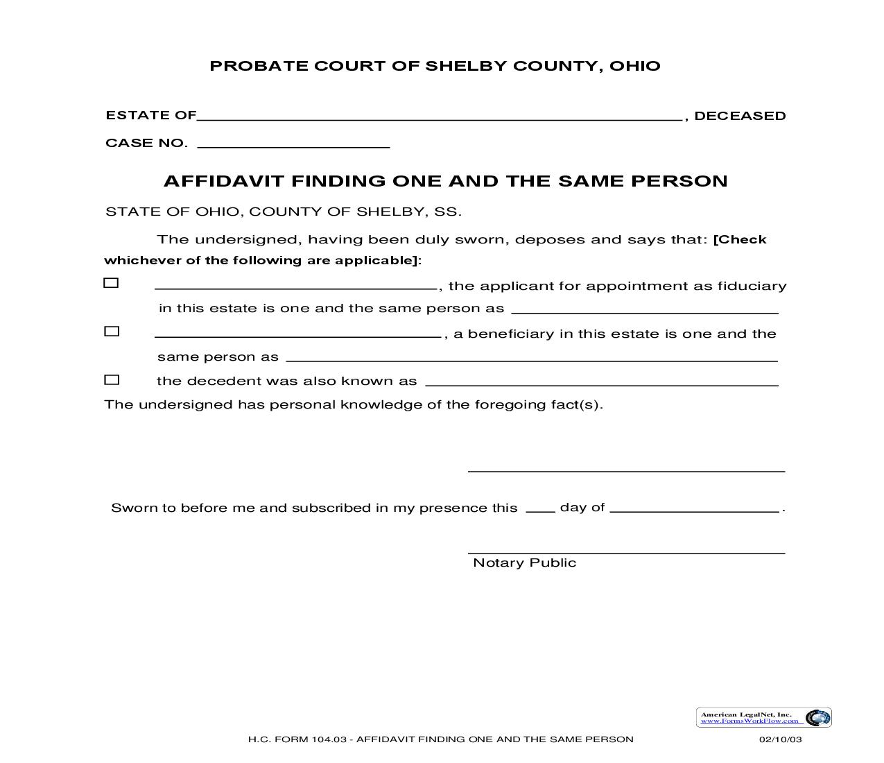 Affidavit Finding One And The Same Person {104.03} | Pdf Fpdf Doc Docx | Ohio