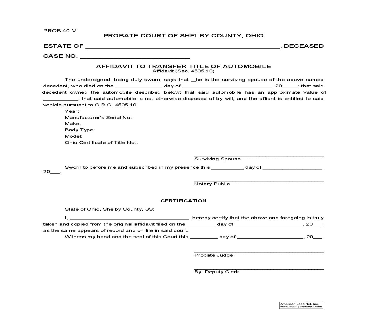 Affidavit To Transfer Title Of Automobile {9.42} | Pdf Fpdf Doc Docx | Ohio