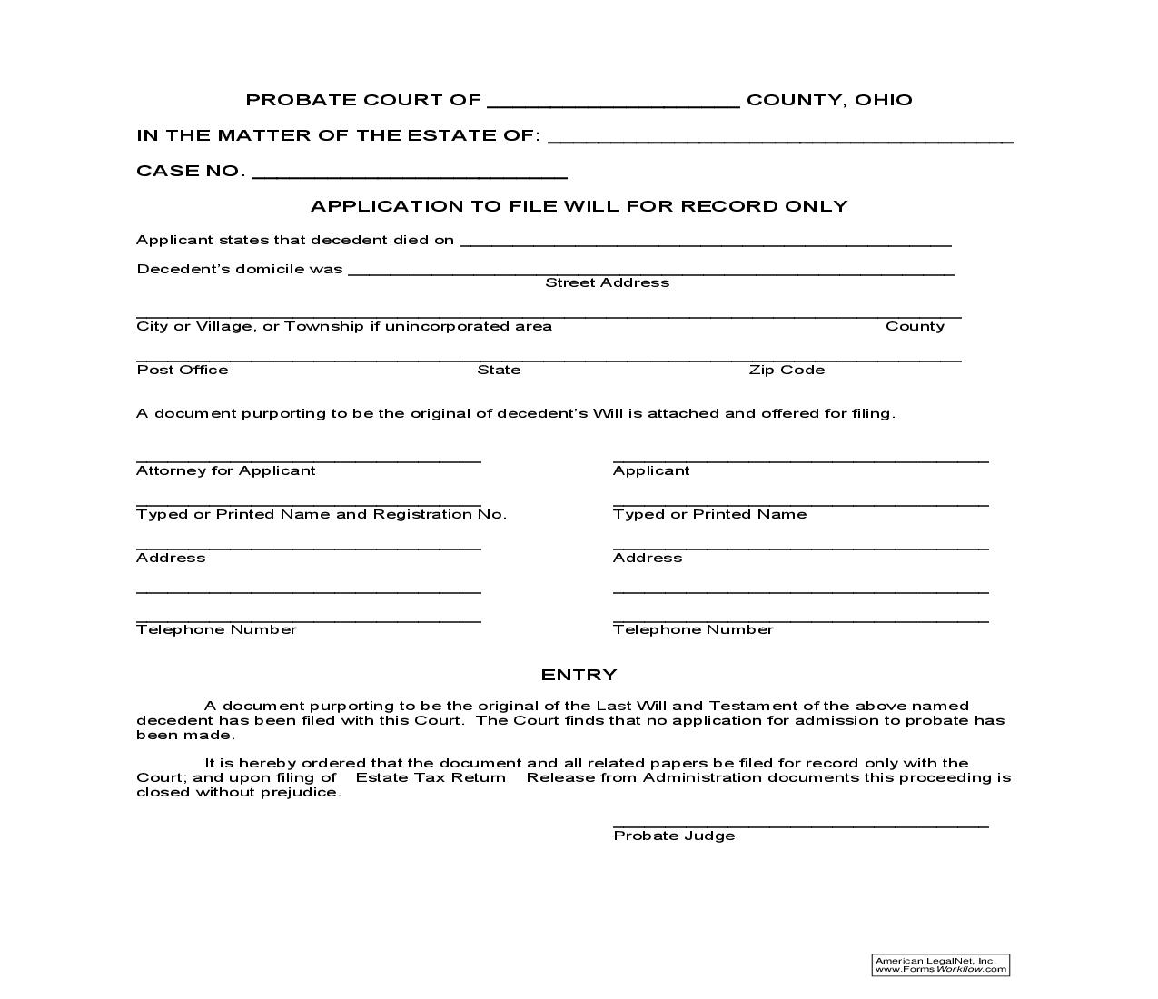 Application To File Will For Record Only {2.5} | Pdf Fpdf Doc Docx | Ohio
