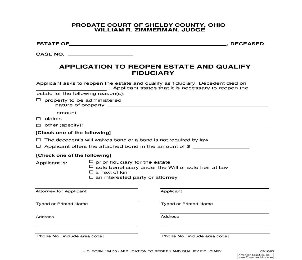 Application To Reopen Estate And Qualify Fiduciary {104.50} | Pdf Fpdf Doc Docx | Ohio