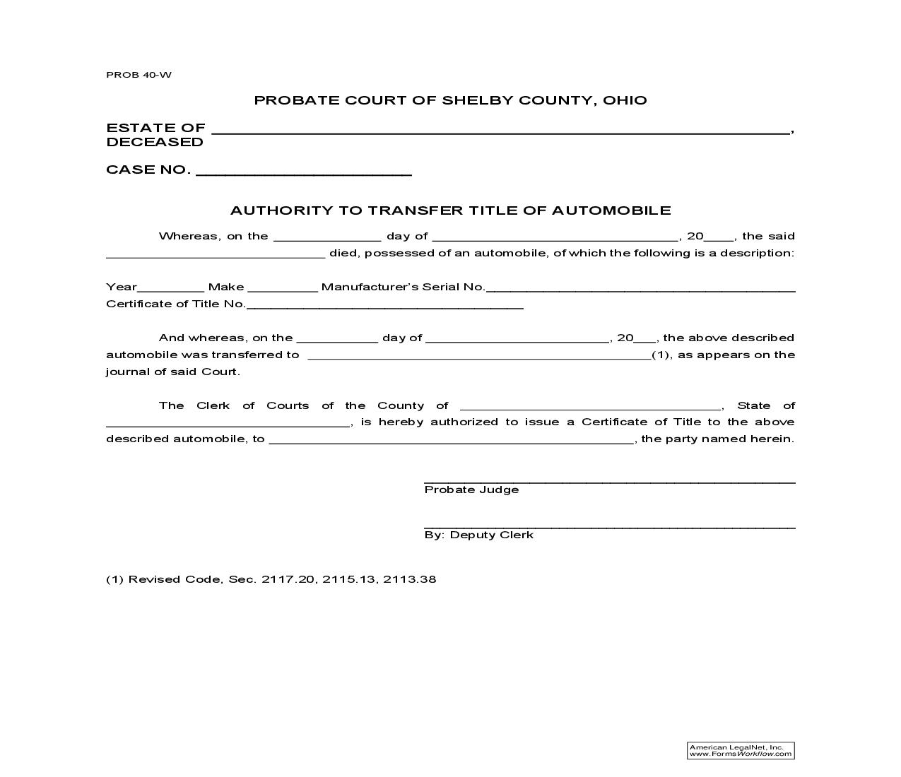 Authority To Transfer Title Of Automobile {9.43} | Pdf Fpdf Doc Docx | Ohio
