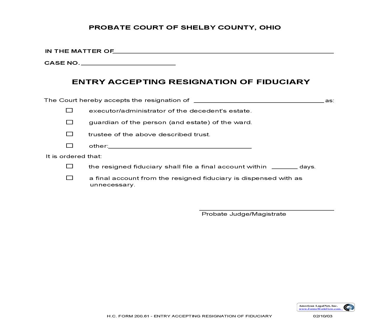 Entry Accepting Resignation Of Fiduciary {200.61} | Pdf Fpdf Doc Docx | Ohio