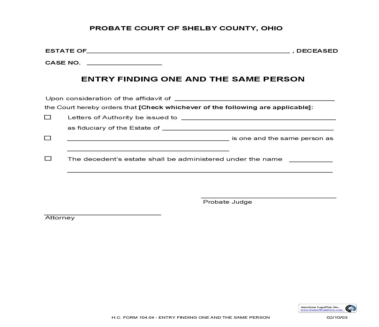 Entry Finding One And The Same Person {104.04} | Pdf Fpdf Doc Docx | Ohio