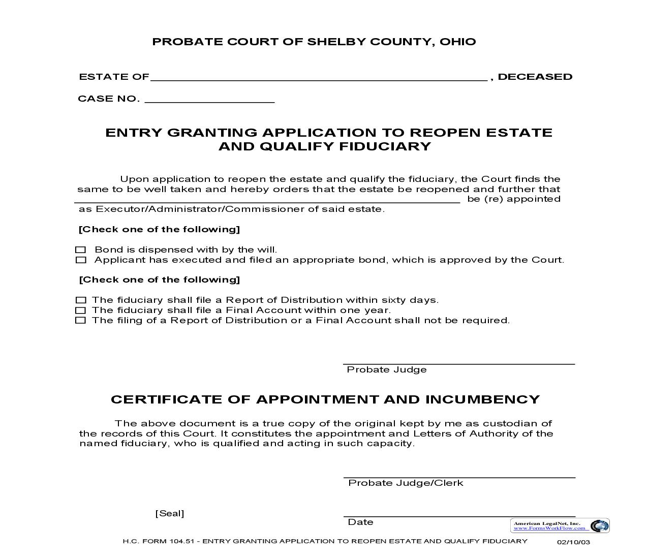 Entry Granting Application To Reopen Estate And Qualify Fiduciary {104.51} | Pdf Fpdf Doc Docx | Ohio