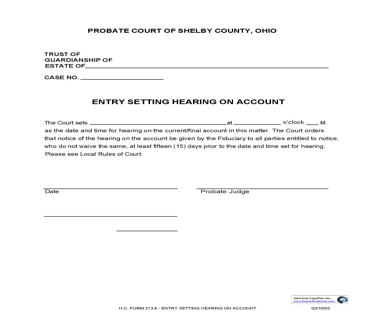 Entry Setting Hearing On Account {213.80} | Pdf Fpdf Doc Docx | Ohio