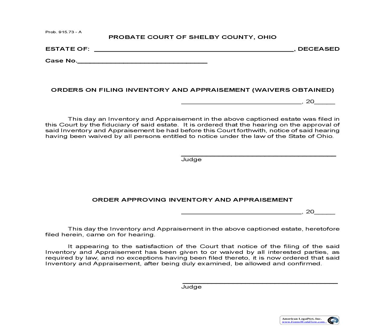 Orders On Filing Inventory And Appraisement {6.41} | Pdf Fpdf Doc Docx | Ohio