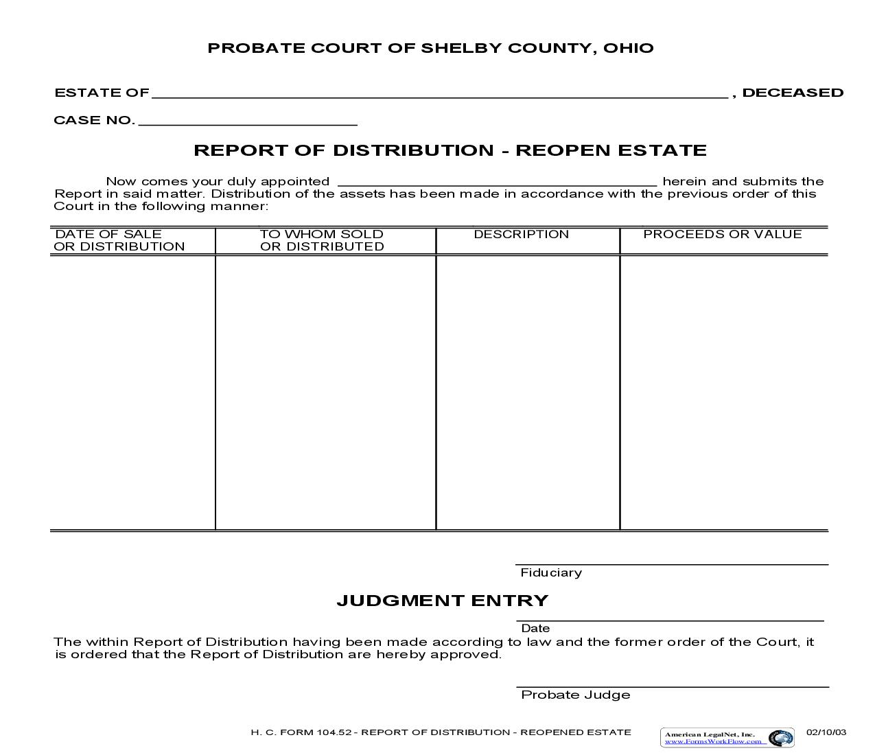 Report Of Distribution Reopen Estate {104.52} | Pdf Fpdf Doc Docx | Ohio