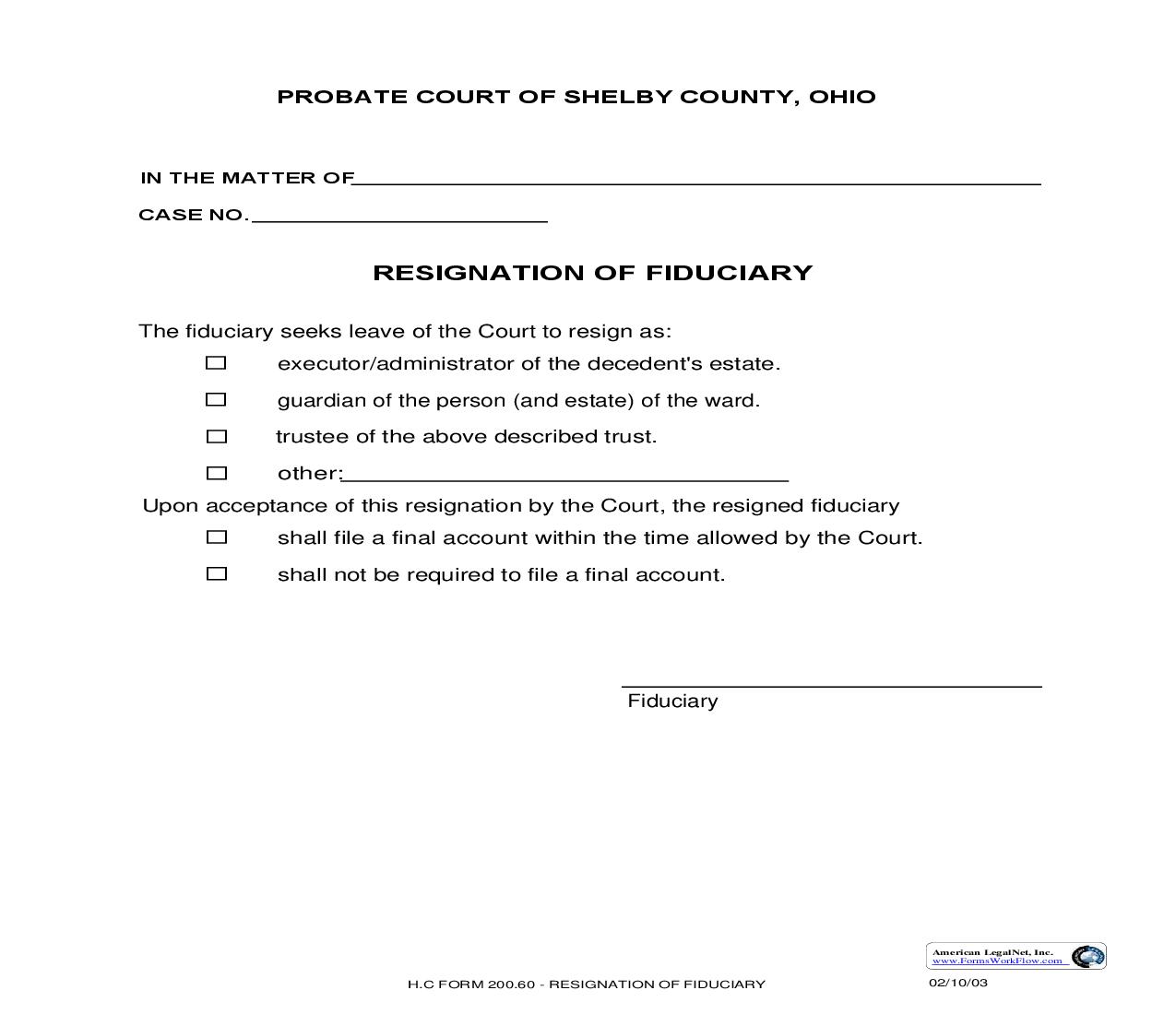 Resignation Of Fiduciary {200.60} | Pdf Fpdf Doc Docx | Ohio