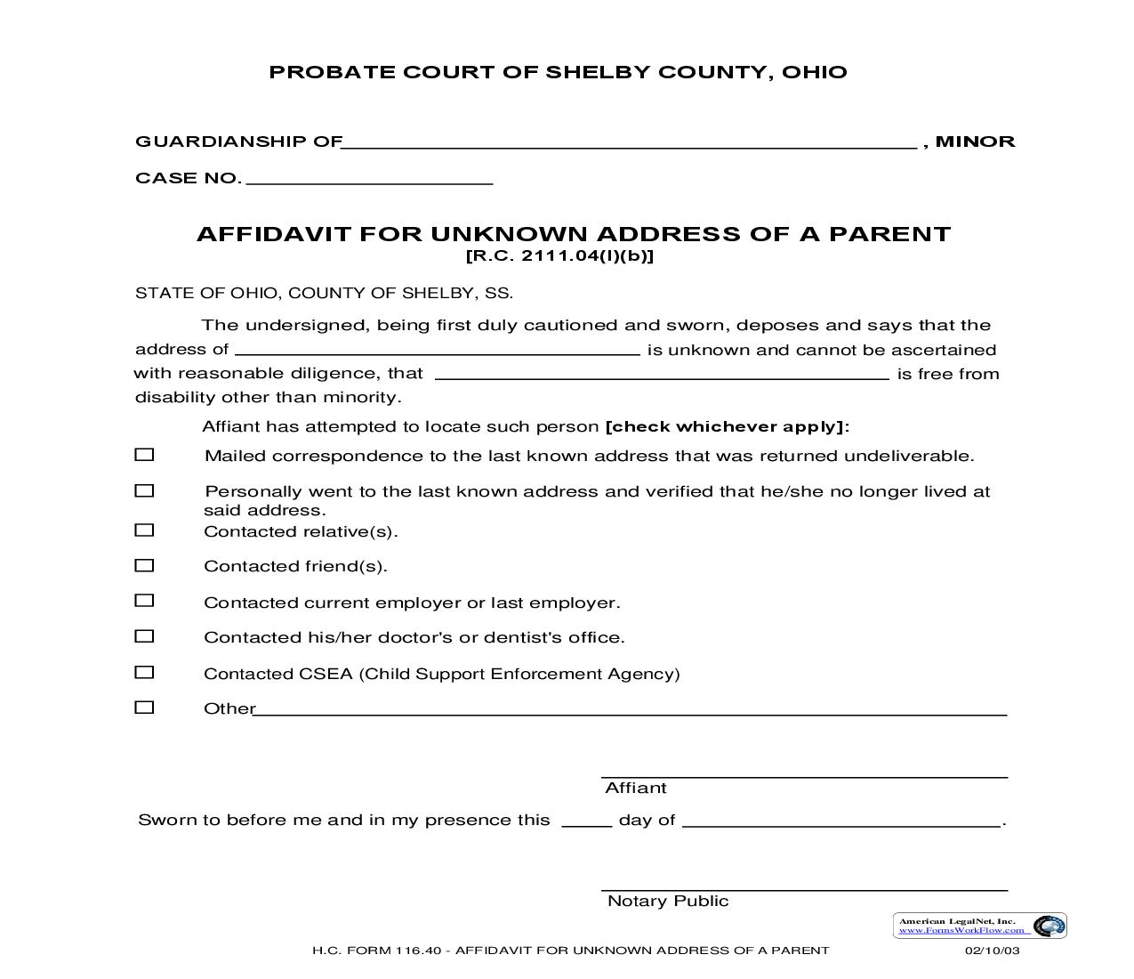 Affidavit For Unknown Address Of A Parent {116.40} | Pdf Fpdf Doc Docx | Ohio