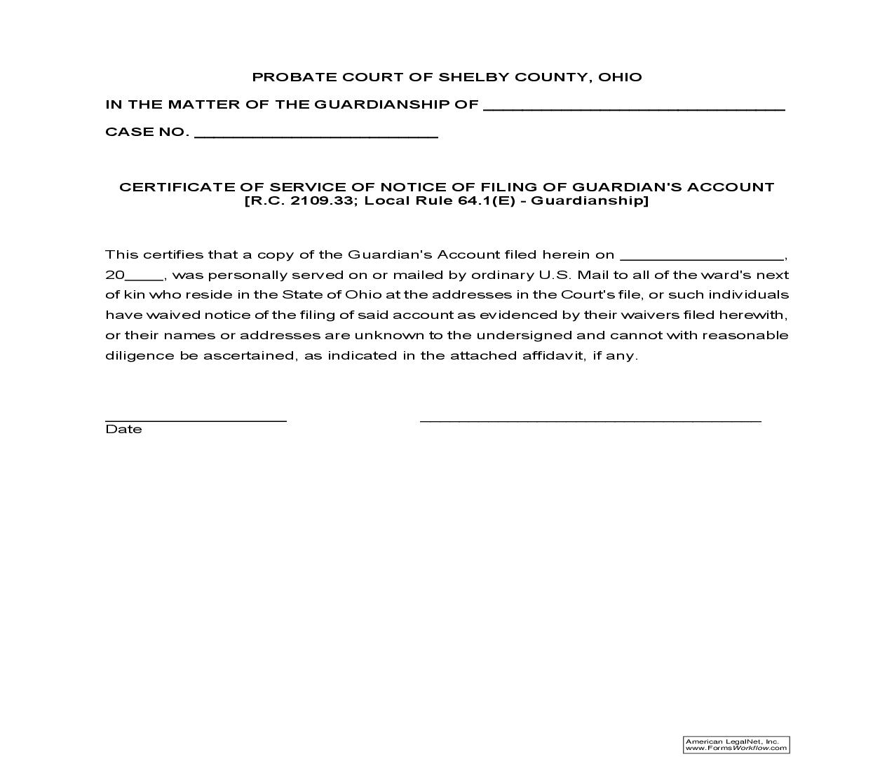 Certificate Of Service Of Notice Of Filing Of Guardians Account {15.82} | Pdf Fpdf Doc Docx | Ohio