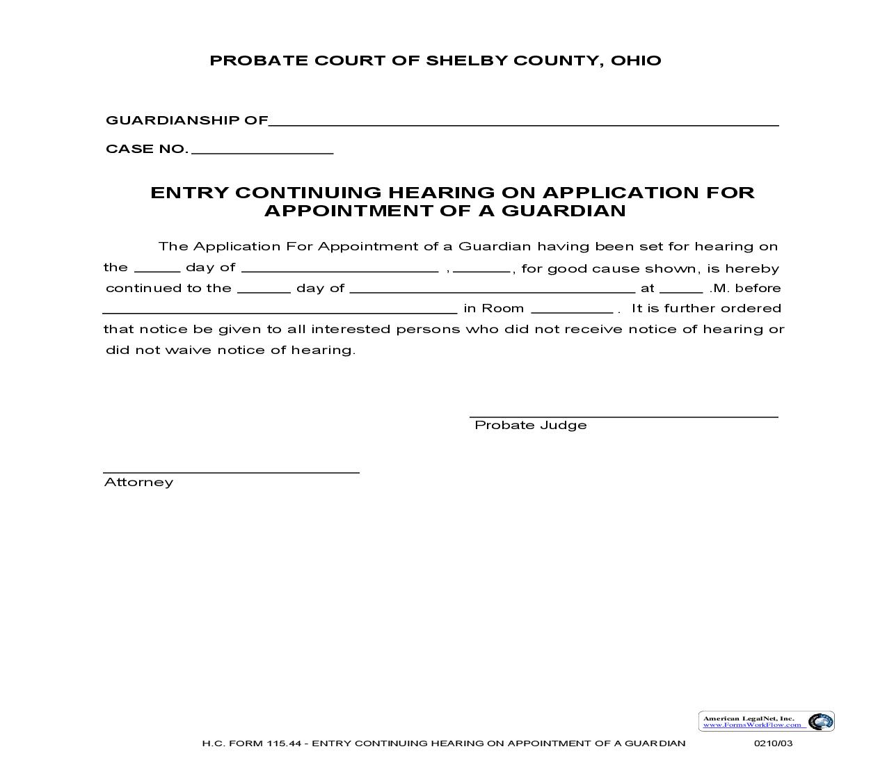 Entry Continuing Hearing On Application For Application For Appointment Of A Guardian {115.44} | Pdf Fpdf Doc Docx | Ohio