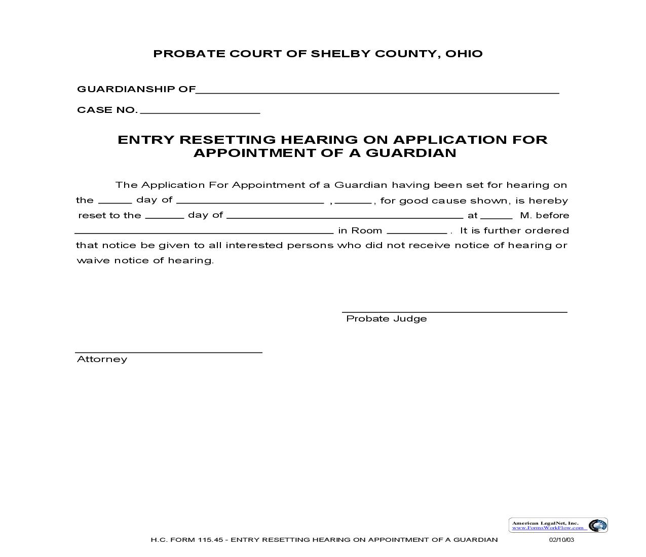 Entry Resetting Hearing On Application For Appointment Of A Guardian {115.45} | Pdf Fpdf Doc Docx | Ohio