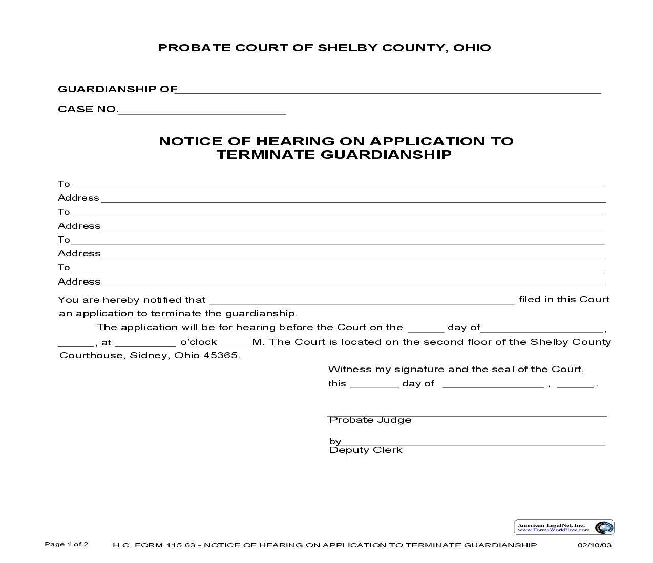 Notice Of Hearing On Application To Terminate Guardianship {115.63} | Pdf Fpdf Doc Docx | Ohio