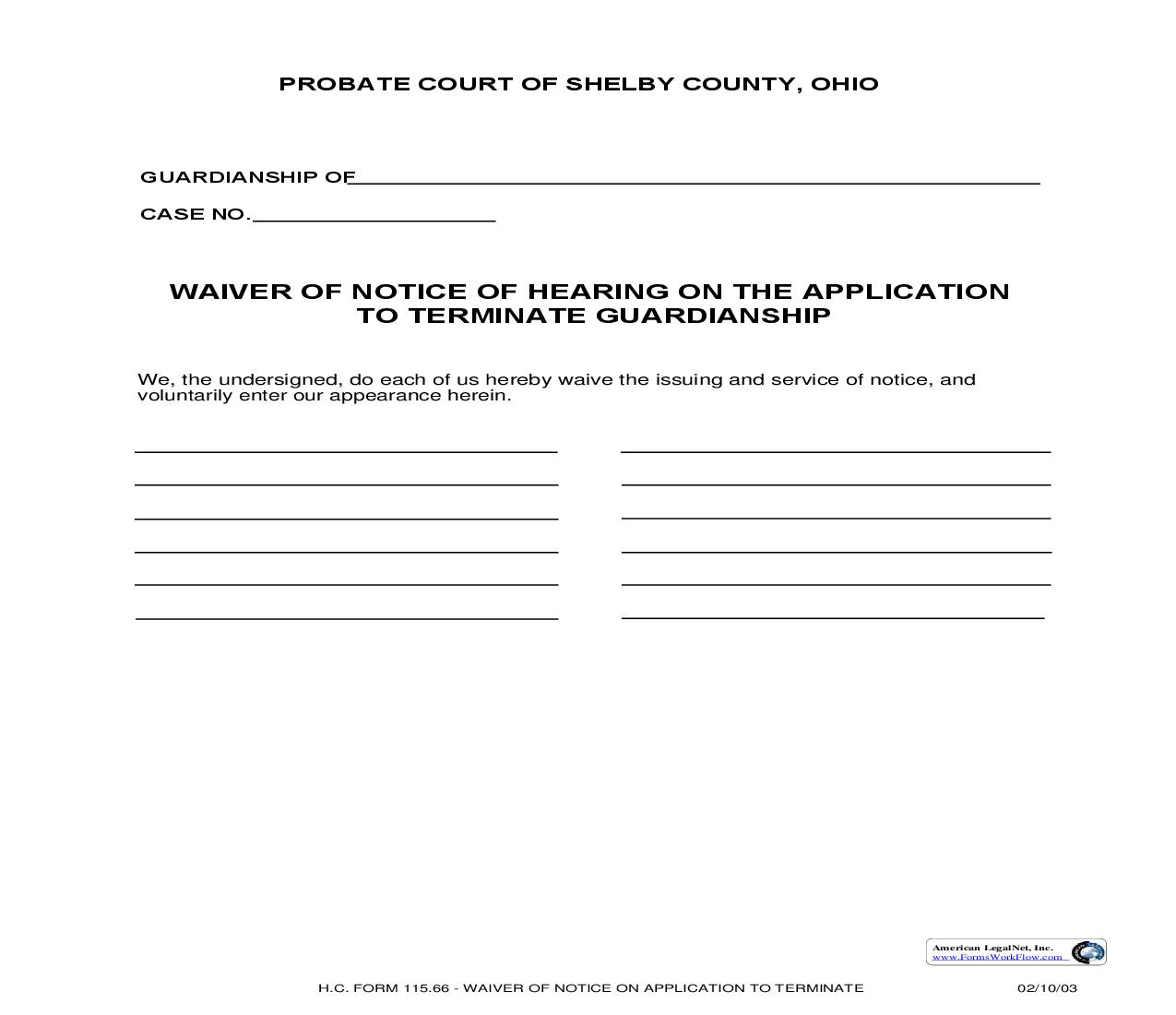 Waiver Of Notice Of Hearing On The Application To Terminate Guardianship {115.66} | Pdf Fpdf Doc Docx | Ohio
