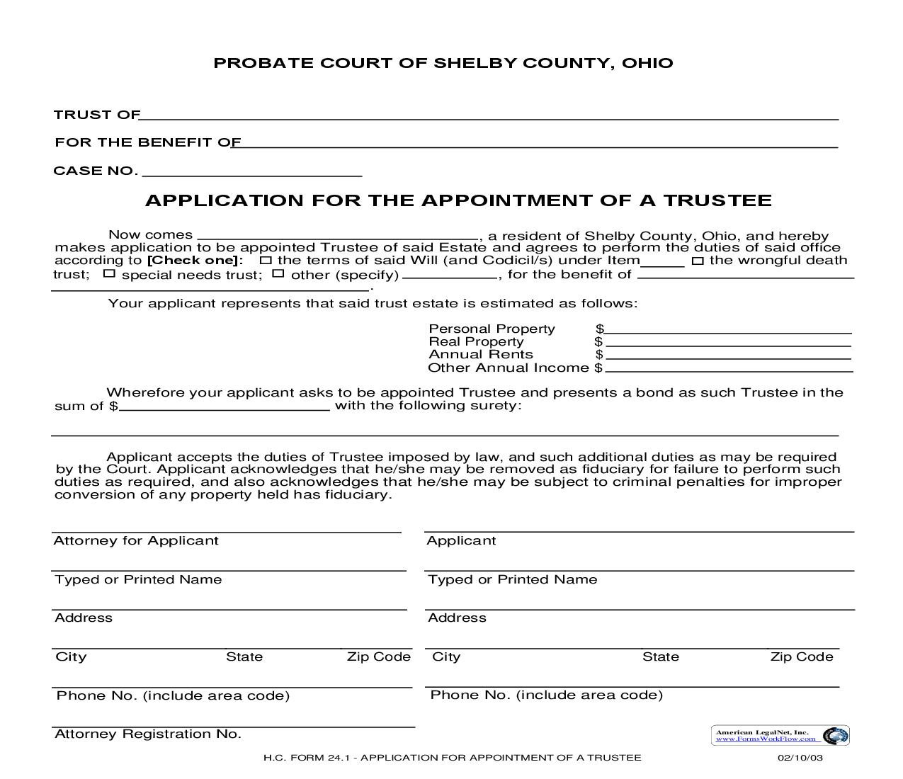 Application For The Appointment Of A Trustee {24.1} | Pdf Fpdf Doc Docx | Ohio