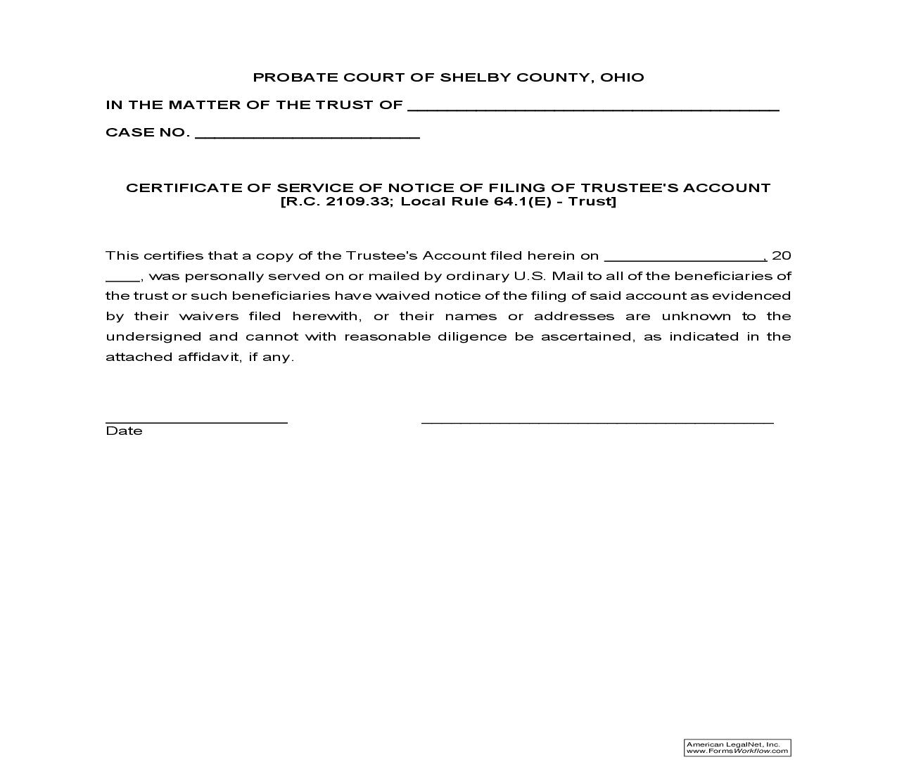 Certificate Of Service Of Notice Of Filing Of trustees Account {24.83} | Pdf Fpdf Doc Docx | Ohio