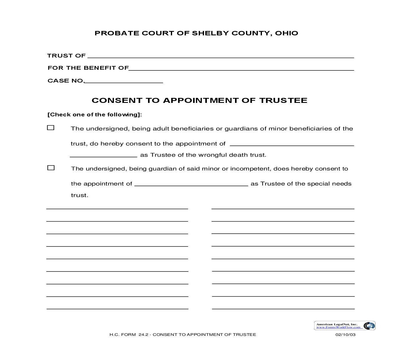 Consent To Appointment Of Trustee {24.2} | Pdf Fpdf Doc Docx | Ohio