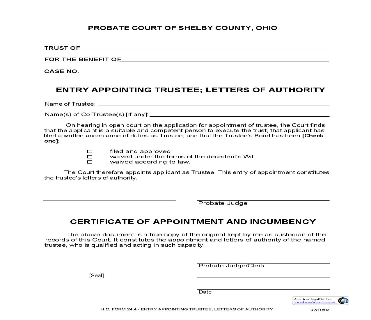Entry Appointing Trustee Letters Of Authority {24.4} | Pdf Fpdf Doc Docx | Ohio