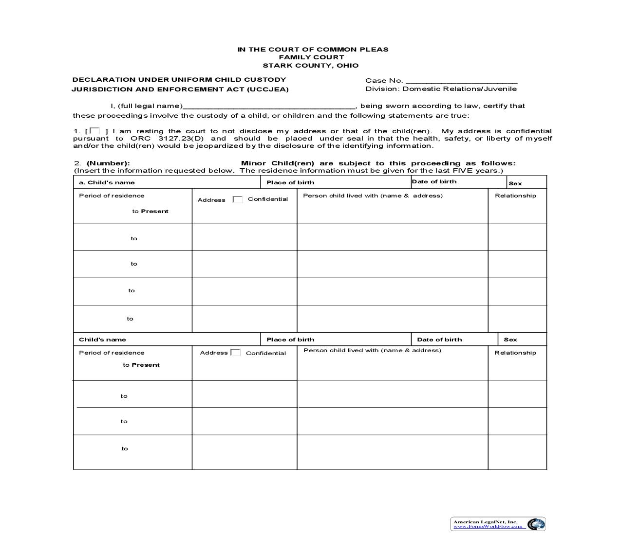 Declaration Under Uniform Child Custody Jurisdiction And Enforcement Act (Stark) | Pdf Fpdf Doc Docx | Ohio