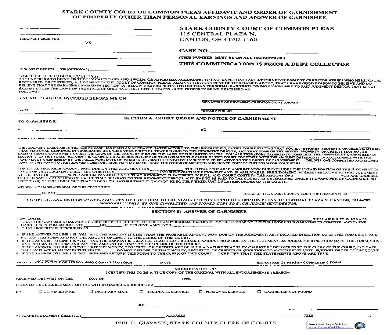 Affidavit And Order Of Garnishment Of Property Other Than Personal Earnings  |  | Ohio