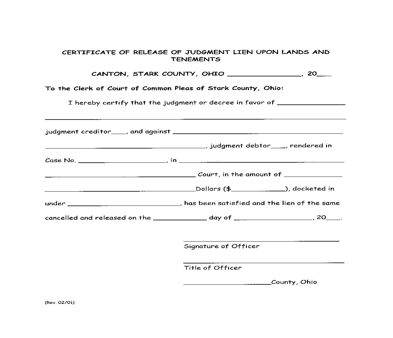 Certificate Of Release Of Judgment Lien Upon Lands And Tenements | Pdf Fpdf Doc Docx | Ohio