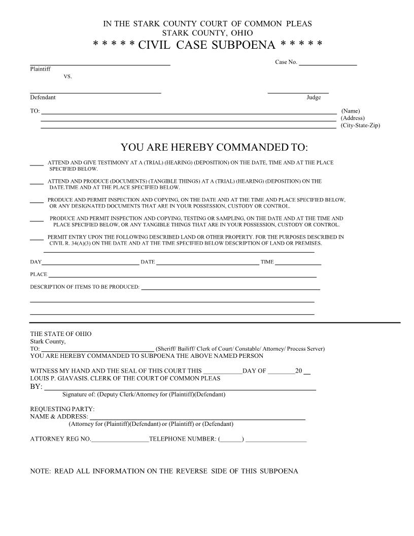 Civil Case Subpoena | Pdf Fpdf Doc Docx | Ohio