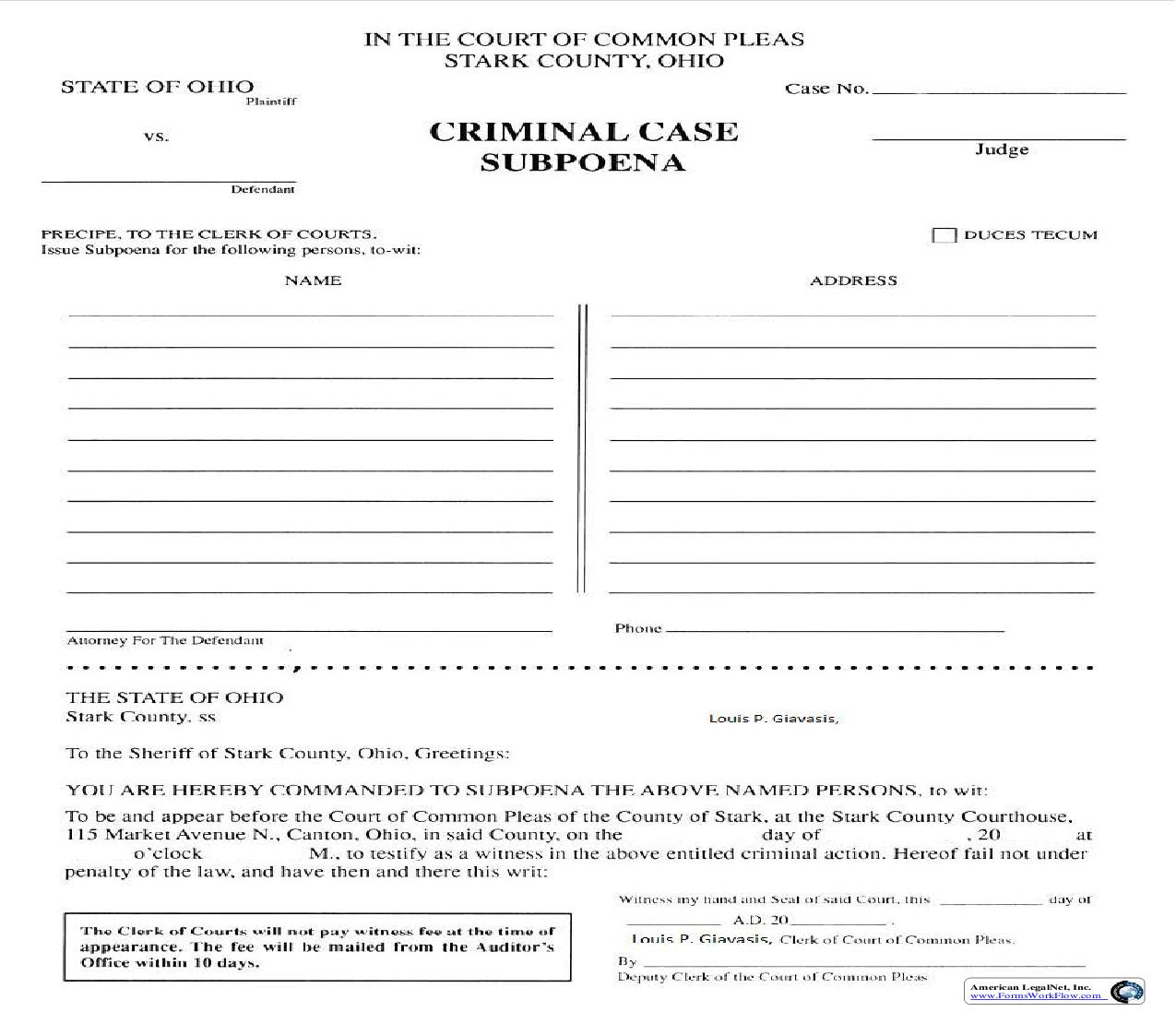 Criminal Case Subpoena | Pdf Fpdf Doc Docx | Ohio