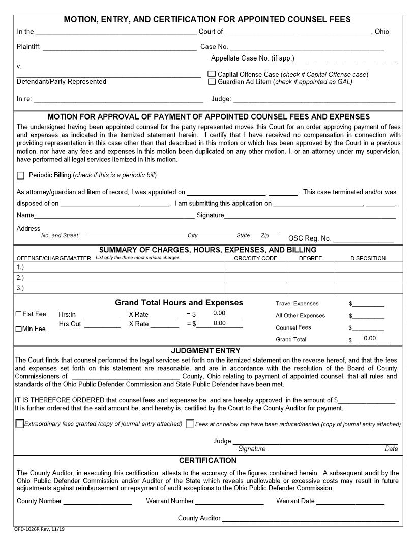 Motion Entry And Certification For Appointed Counsel Fees | Pdf Fpdf Doc Docx | Ohio