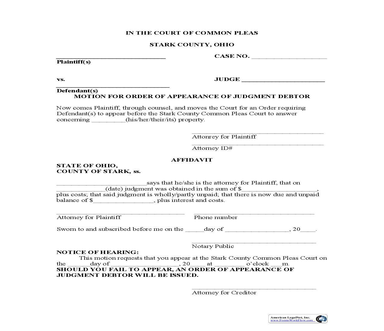 Motion For Order And Appearance Of Judgment Debtor | Pdf Fpdf Doc Docx | Ohio