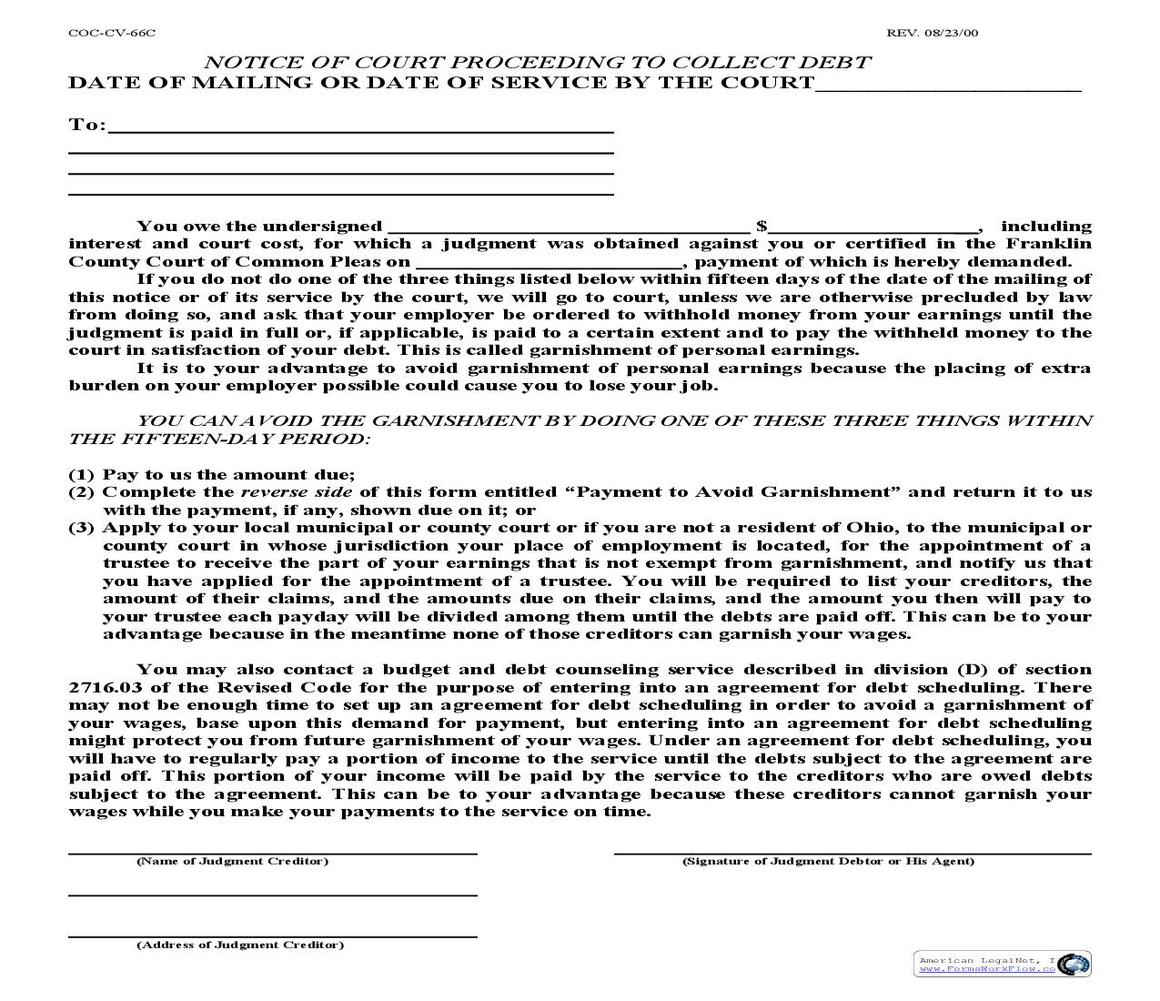 Notice Of Court Proceedings To Collect Debt | Pdf Fpdf Doc Docx | Ohio