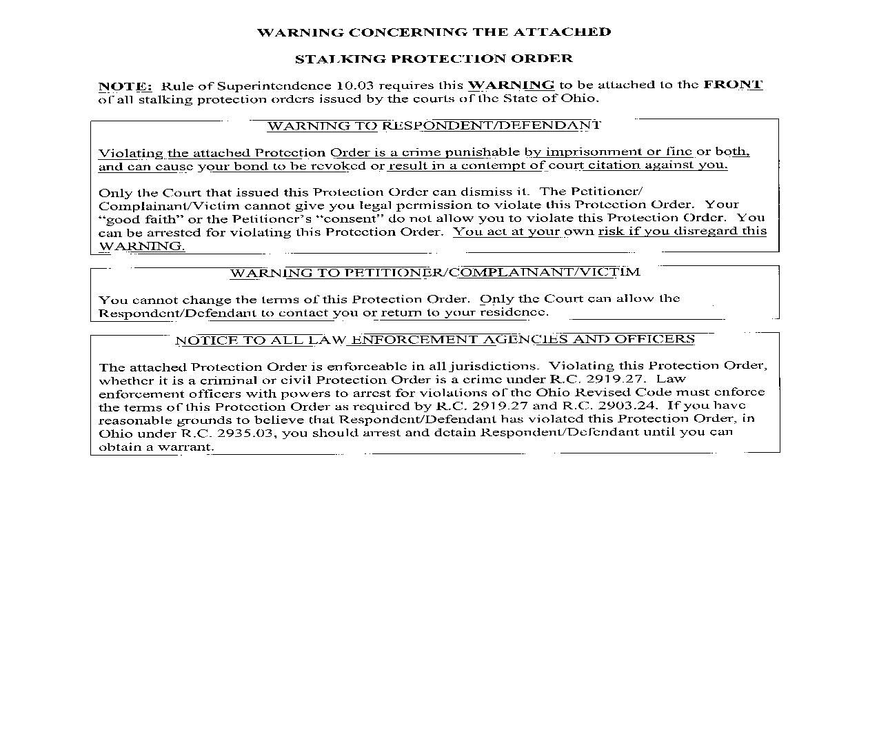 Petition For Stalking Civil Protection Order {10.03-d} |  | Ohio