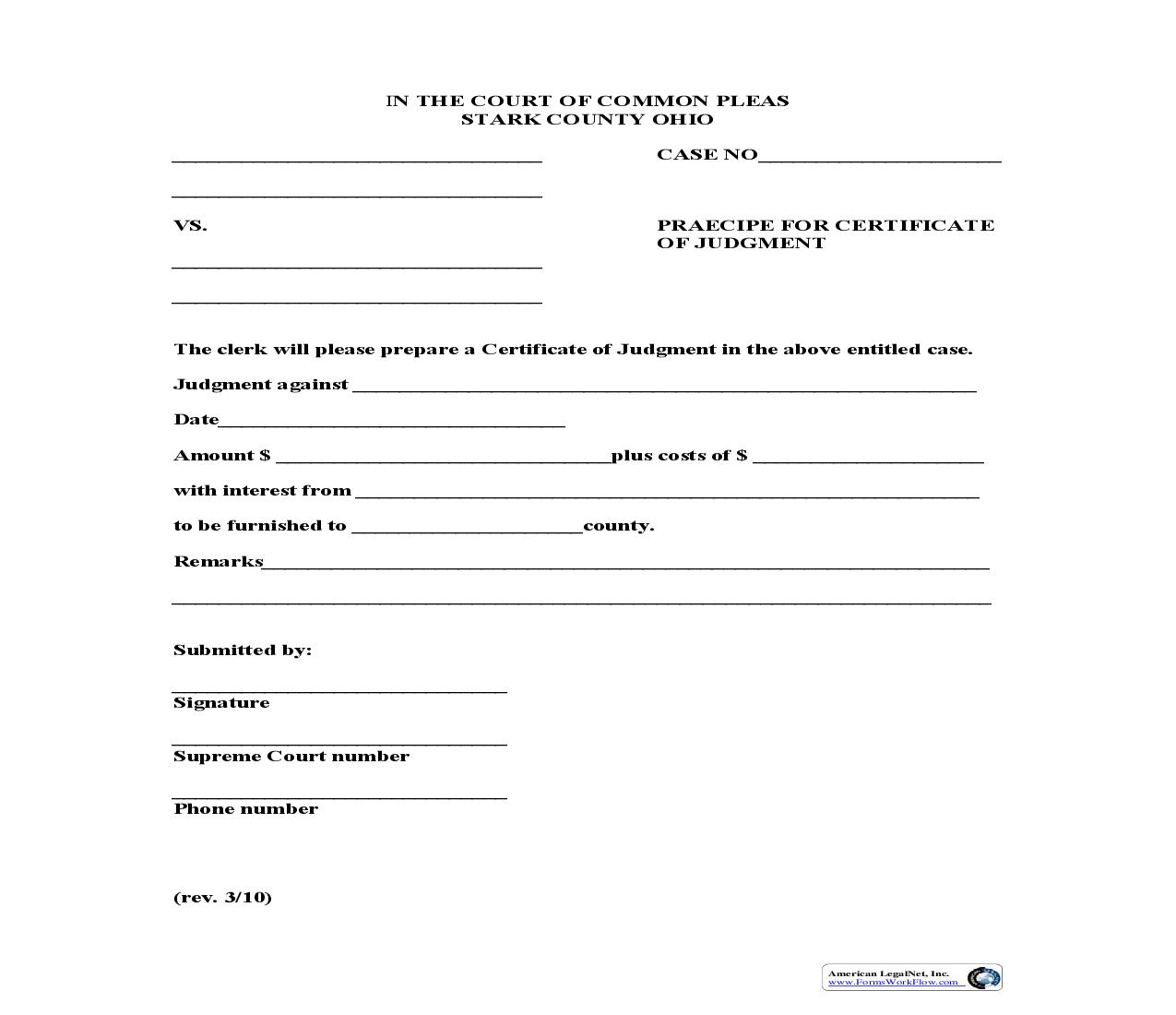 Praecipe For Certificate Of Judgment | Pdf Fpdf Doc Docx | Ohio