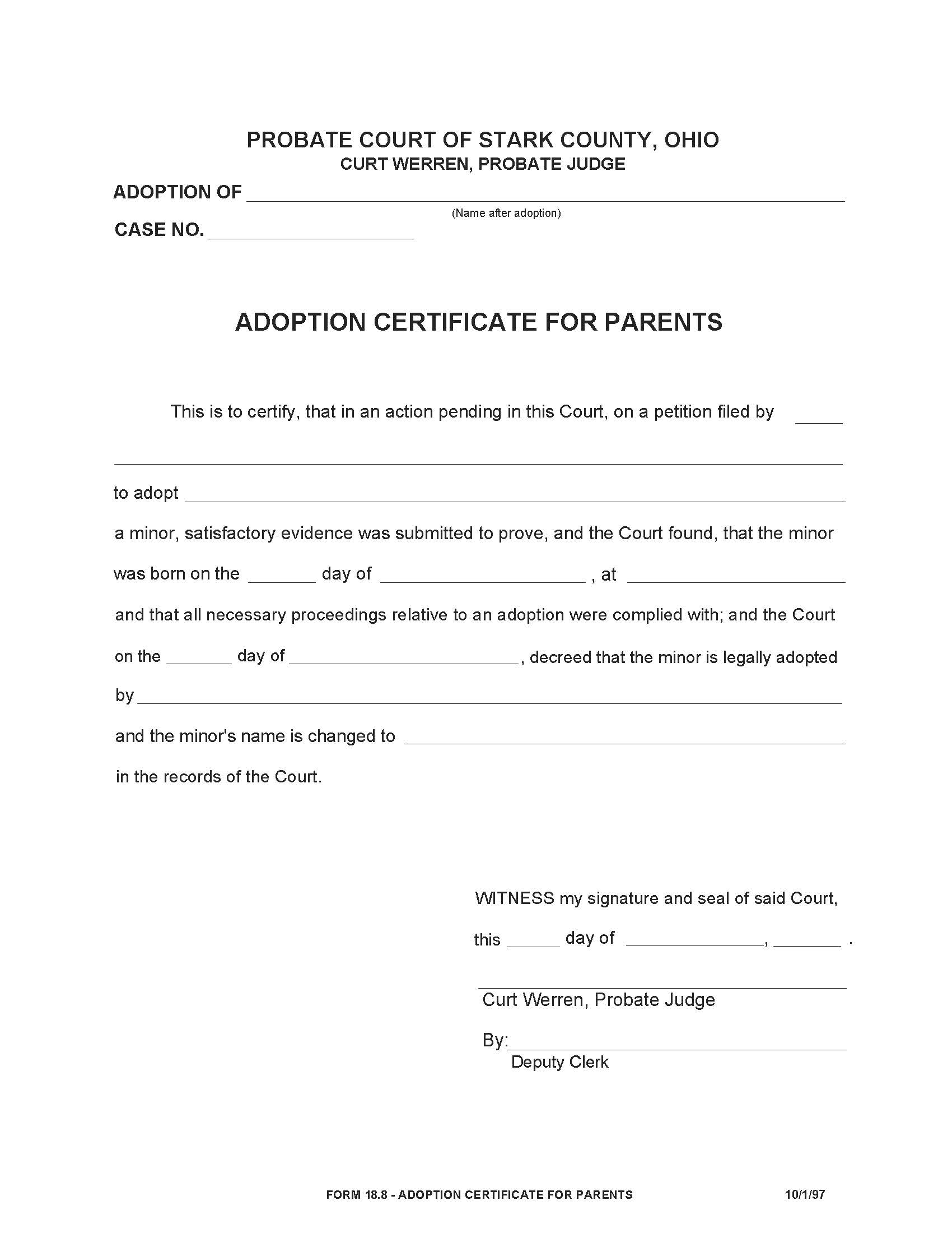 Adoption Certificate For Parents {18.8} | Pdf Fpdf Doc Docx | Ohio