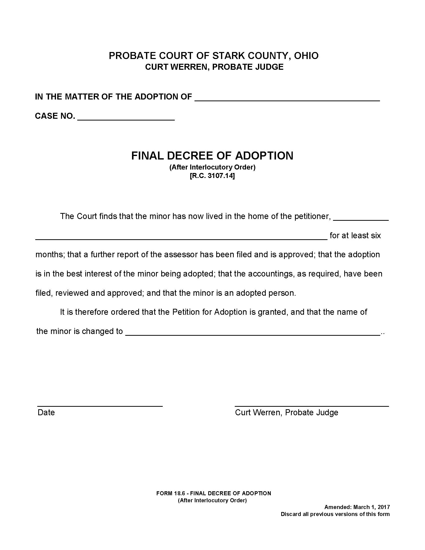 Final Decree Of Adoption After Interlocutory Order {18.6} | Pdf Fpdf Doc Docx | Ohio