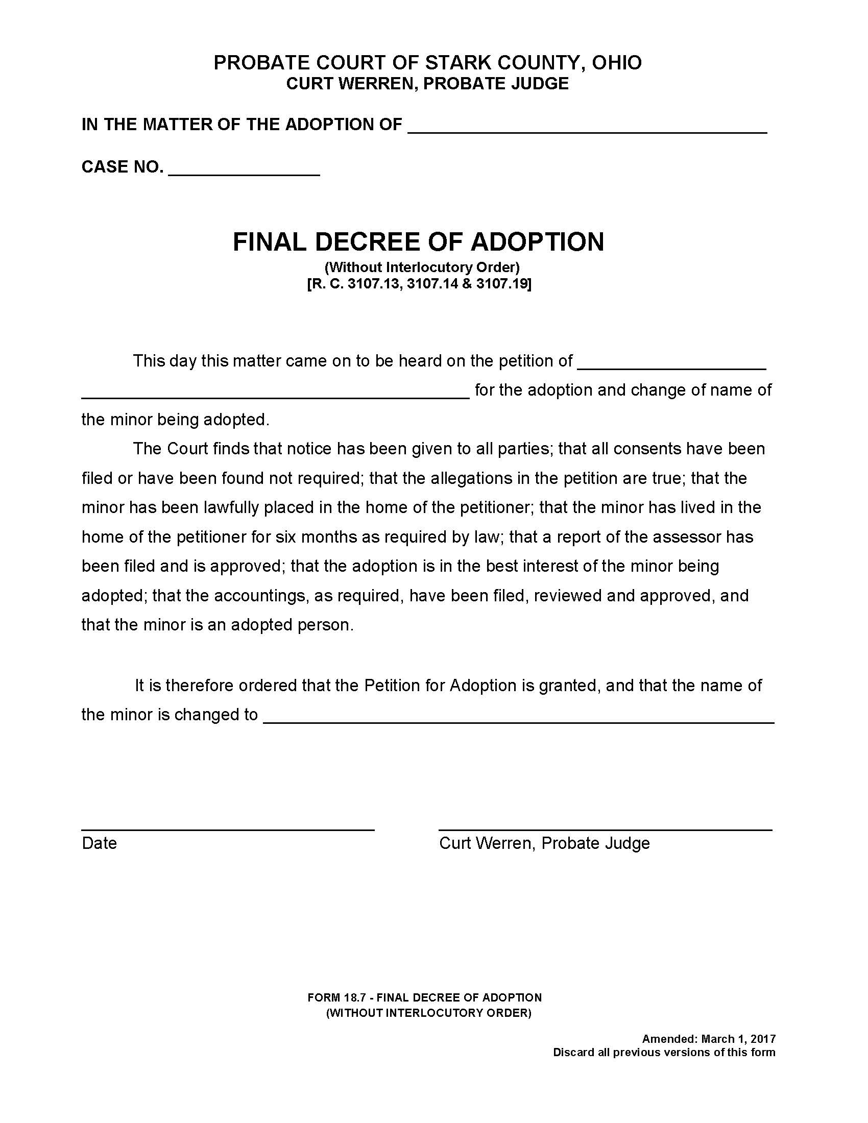 Final Decree Of Adoption Without Interlocutory Order {18.7} | Pdf Fpdf Doc Docx | Ohio