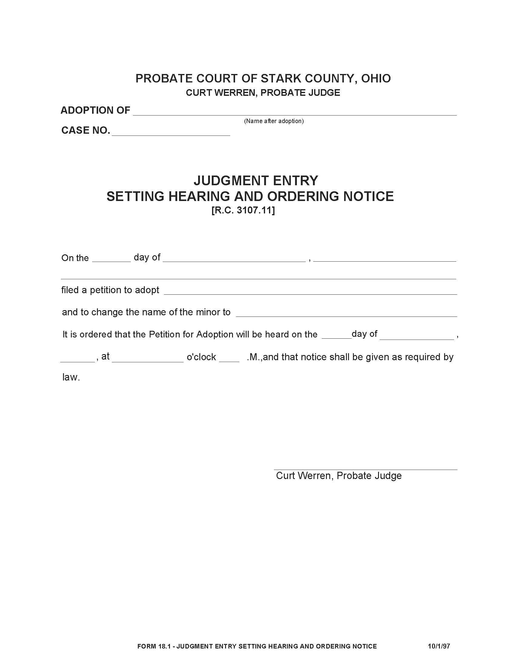 Judgment Entry Setting Hearing And Ordering Notice {18.1} | Pdf Fpdf Doc Docx | Ohio