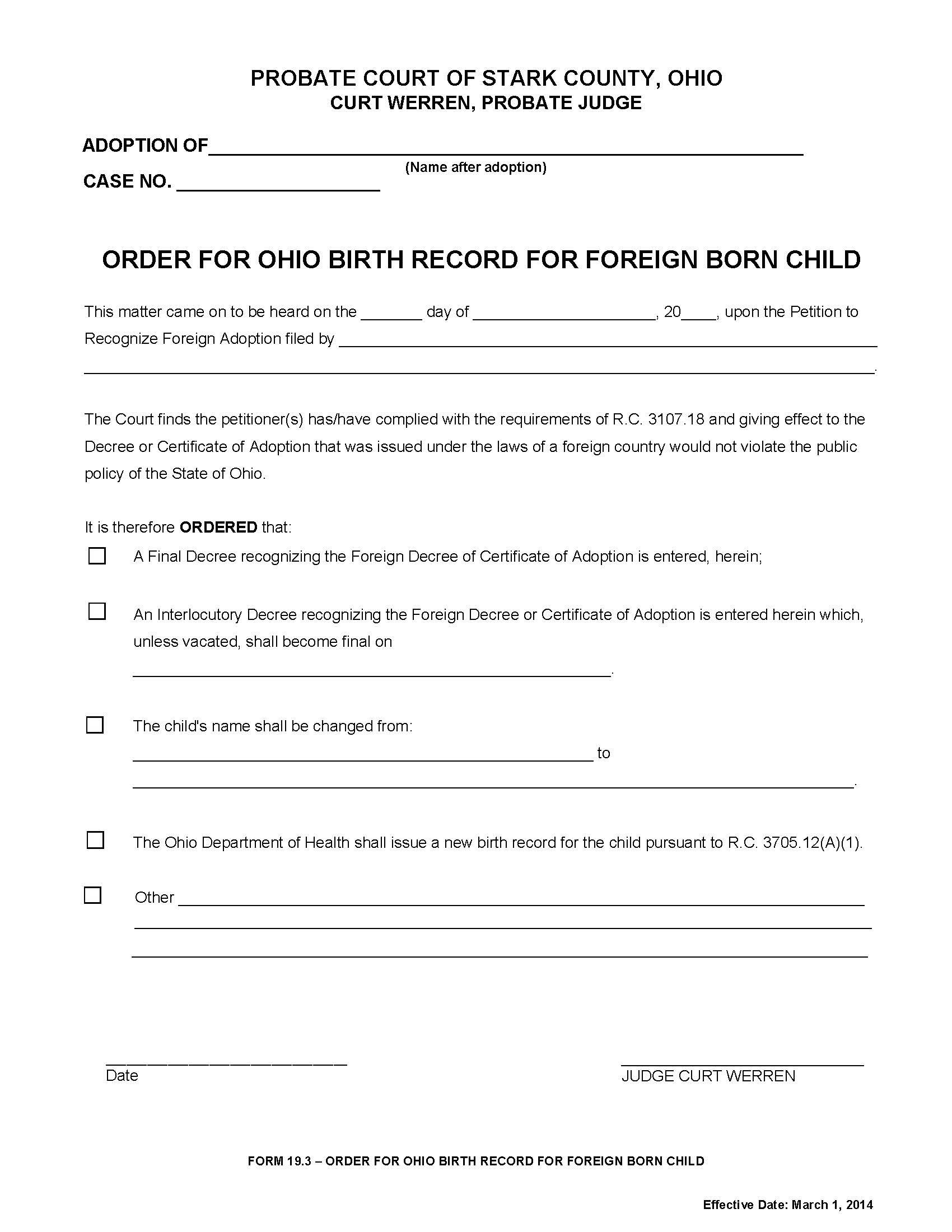Order For Ohio Birth Record For Foreign Born Child {19.3} | Pdf Fpdf Doc Docx | Ohio