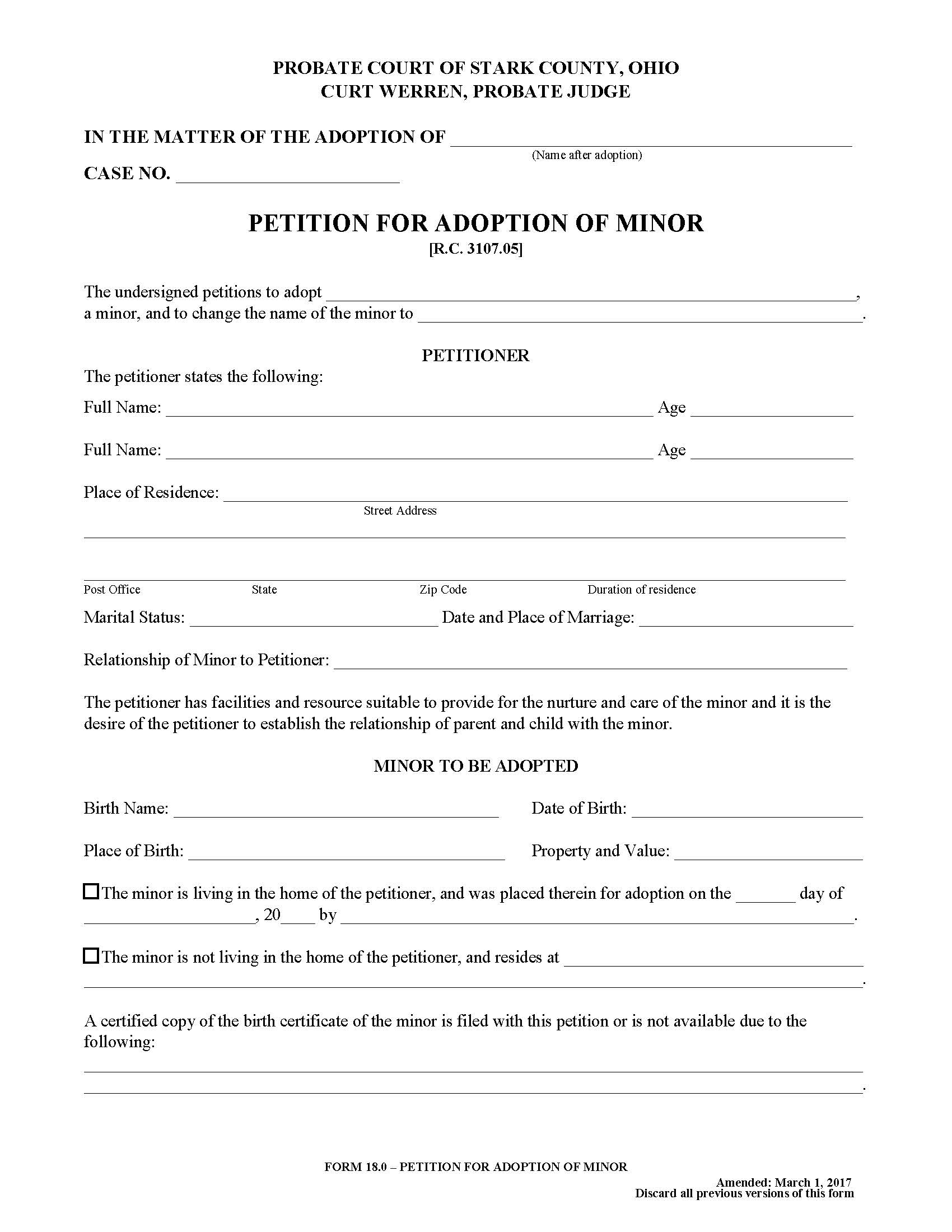 Petition For Adoption Of Minor {18.0} | Pdf Fpdf Doc Docx | Ohio