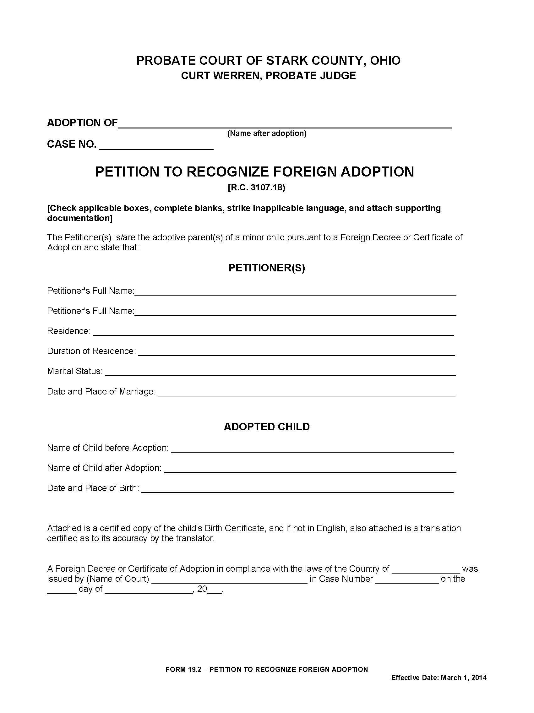 Petition Of Foreign Adoption {19.2} | Pdf Fpdf Doc Docx | Ohio