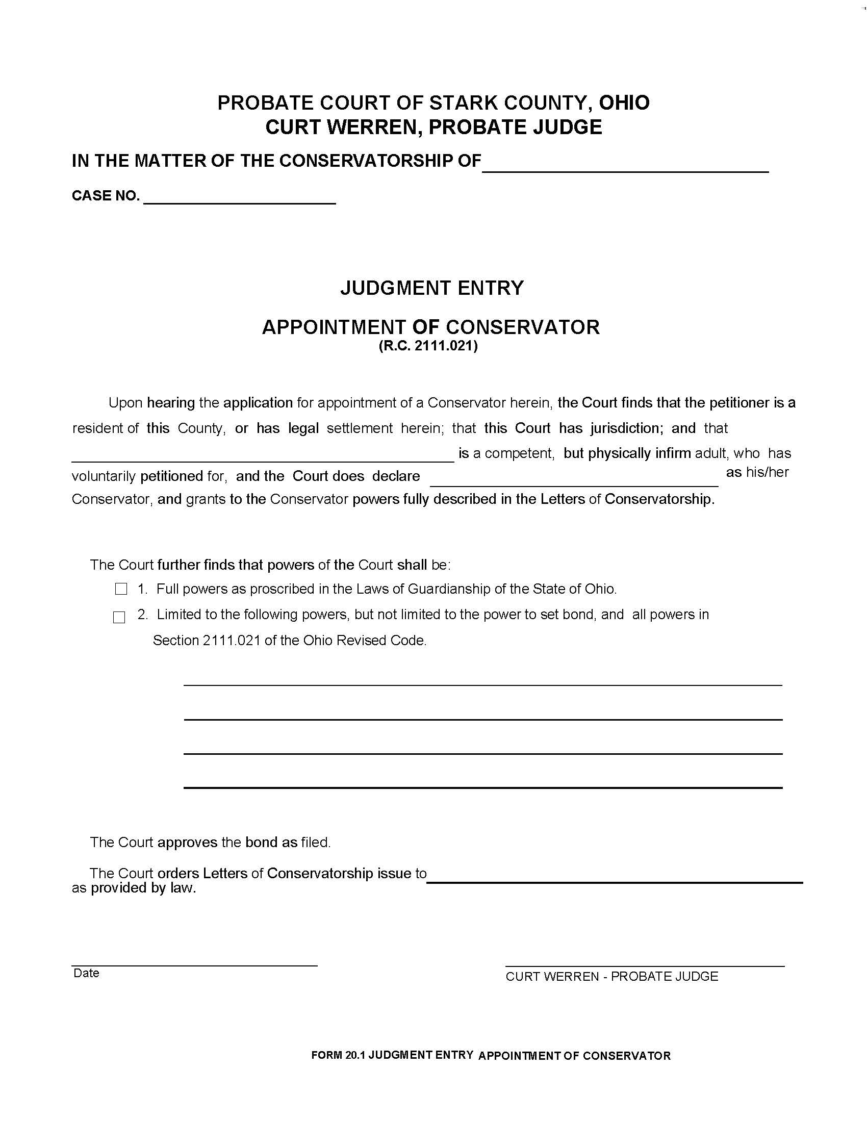 Judgment Entry Appointment Of Conservator {20.1} | Pdf Fpdf Doc Docx | Ohio