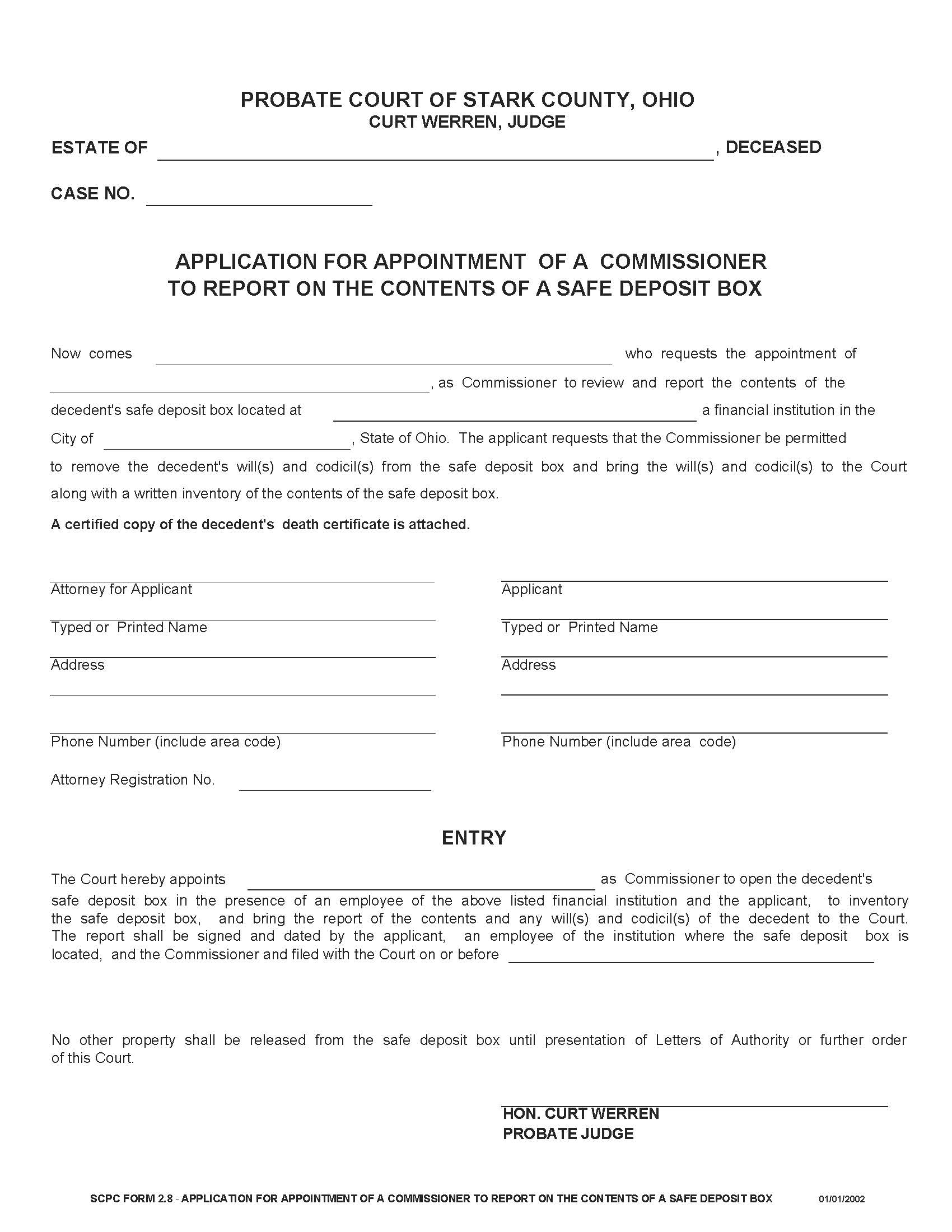 Application For Appointment Of A Commissioner To Report On The Contents Of A Safe Deposit Box {2.8} | Pdf Fpdf Doc Docx | Ohio