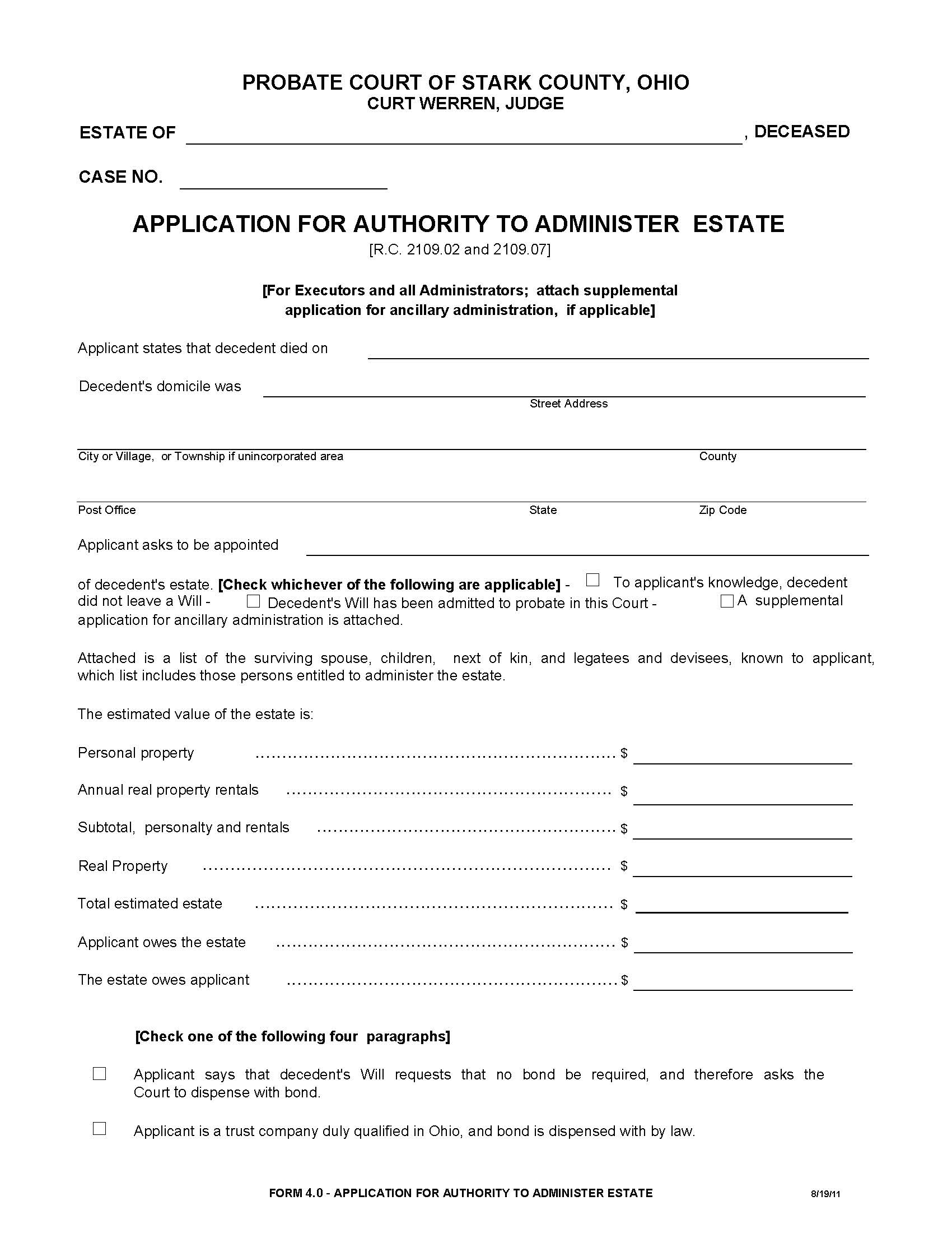 Application For Authority To Administer Estate {4.0} | Pdf Fpdf Doc Docx | Ohio