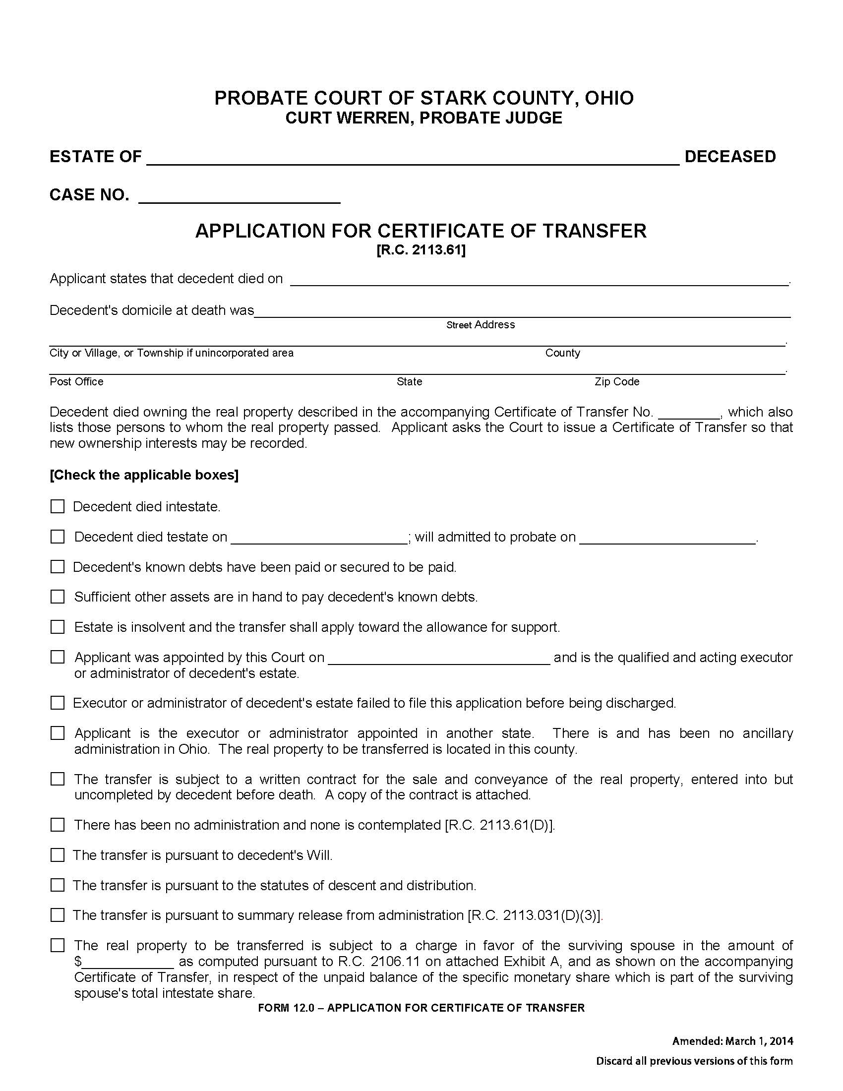 Application For Certificate Of Transfer {12.0} | Pdf Fpdf Doc Docx | Ohio