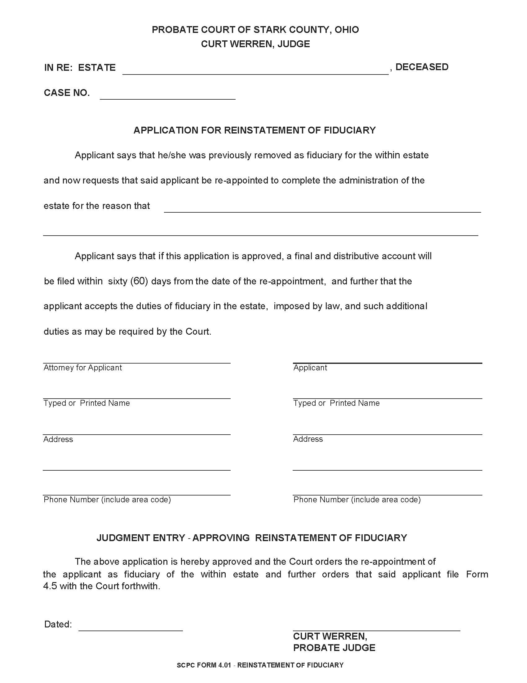Application For Reinstatement Of Fiduciary {4.01} | Pdf Fpdf Doc Docx | Ohio