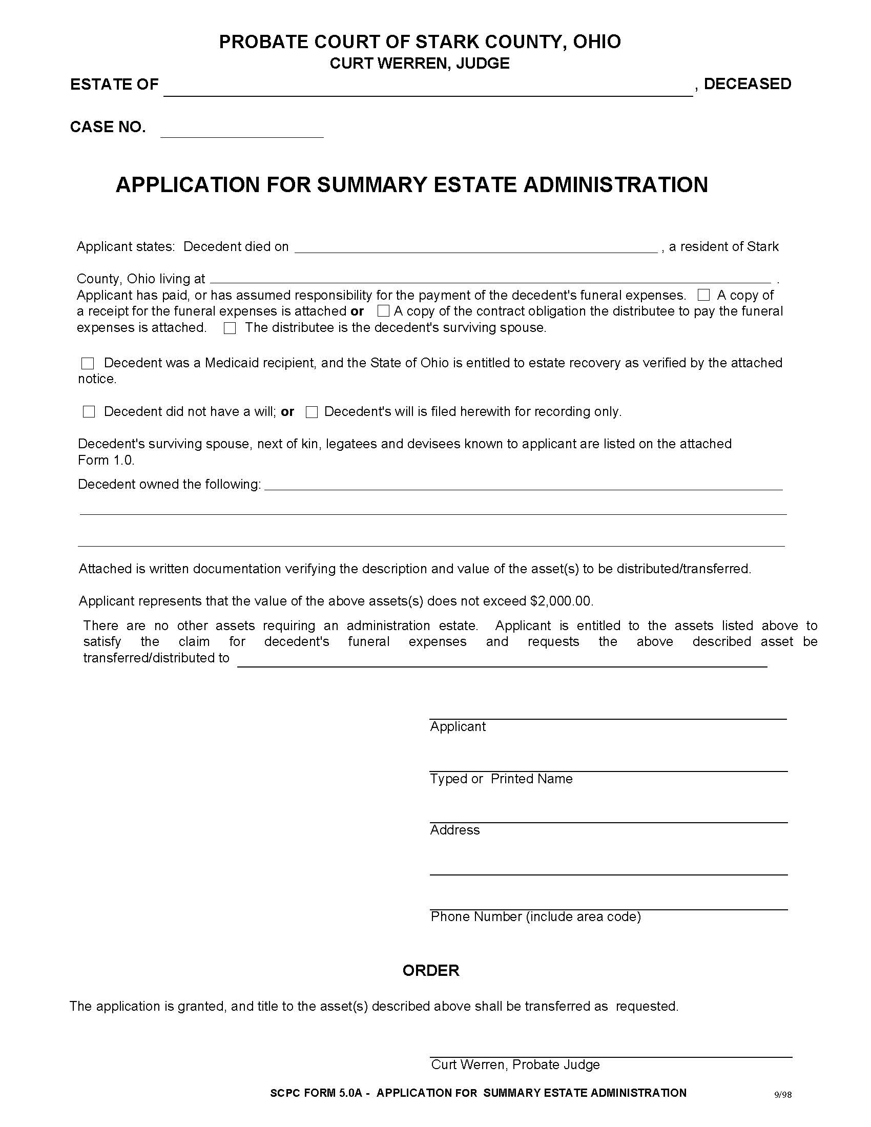 Application For Summary Estate Administration {5.0A} | Pdf Fpdf Doc Docx | Ohio